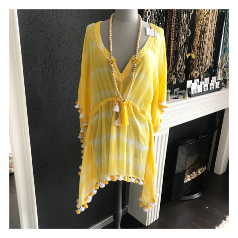tunique, caftan, jaune, pompons, geraldinestylefashion