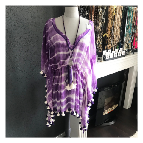 tunique, pompons, tie and dye, violette, caftan, geraldinestylefashion