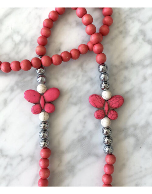 collier, bois, hematite, howlite, rose, pompon, geraldinestylejewelry