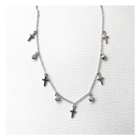 collier, argent, petites croix, brillants