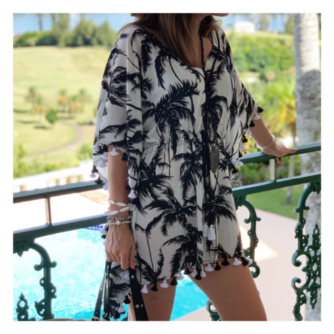 tunique, palmiers, noire et blanche, caftan, pompons, geraldinestylefashion