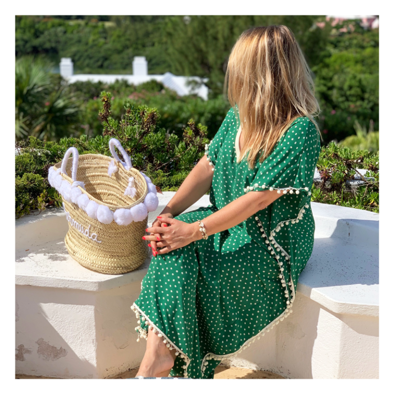 Caftan "Géraldine" vert avec pompons, Collection Les Intemporels – Image 4