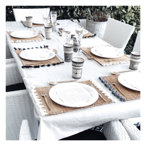 set table, osier, pompons, artisanat, maroc