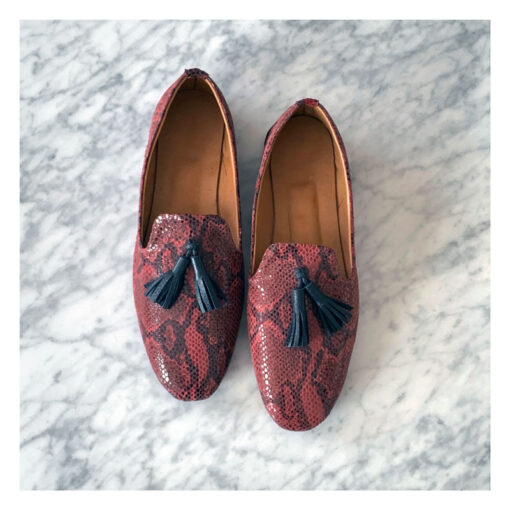 mocassins, rouge, cuir, serpent, pompons, geraldinestyleshop