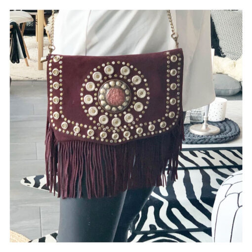 pochette, daim, bordeaux, franges