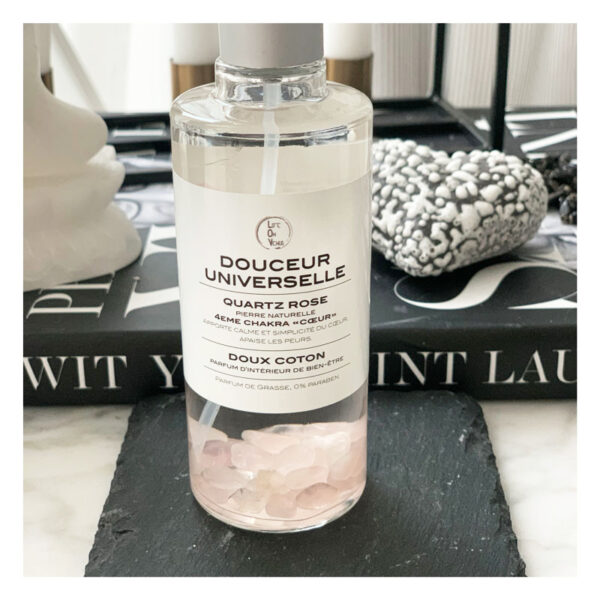spray, douceur universelle, parfum, parfum ambiance, parfum interieur, pierres semi-precieuses, quartz rose