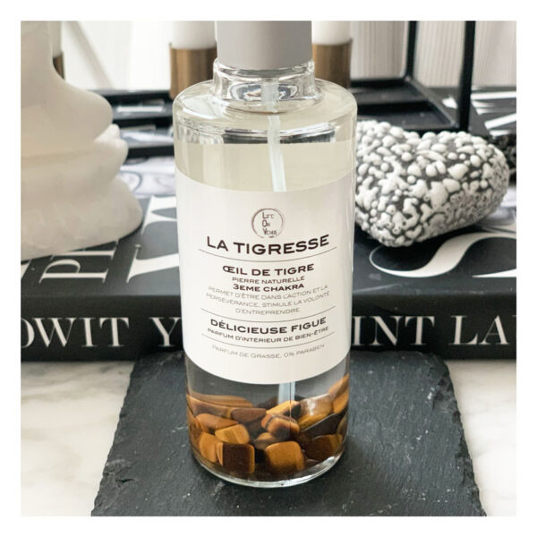 spray, la tigresse, parfum, parfum ambiance, parfum interieur, pierres semi-precieuses, oeil de tigre
