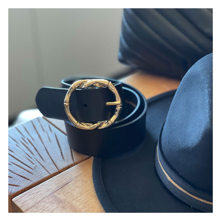 ceinture, cuir, noir, doree