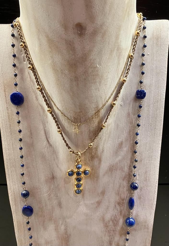 collier, croix, sodalite, bleu, velatti, doré