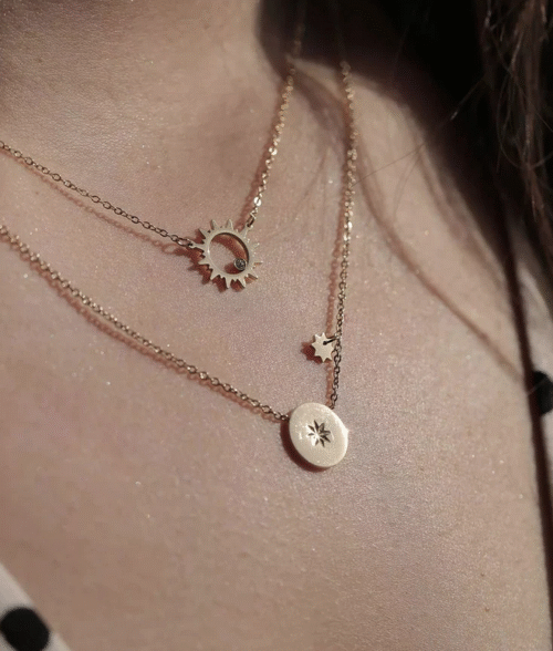 Collier, zag bijoux, oursin, soleil, acier inoxydable, doré, argent
