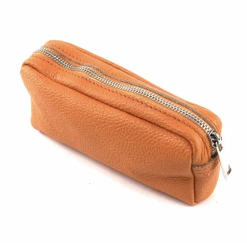 Trousse, cuir, orange, fermeture éclair
