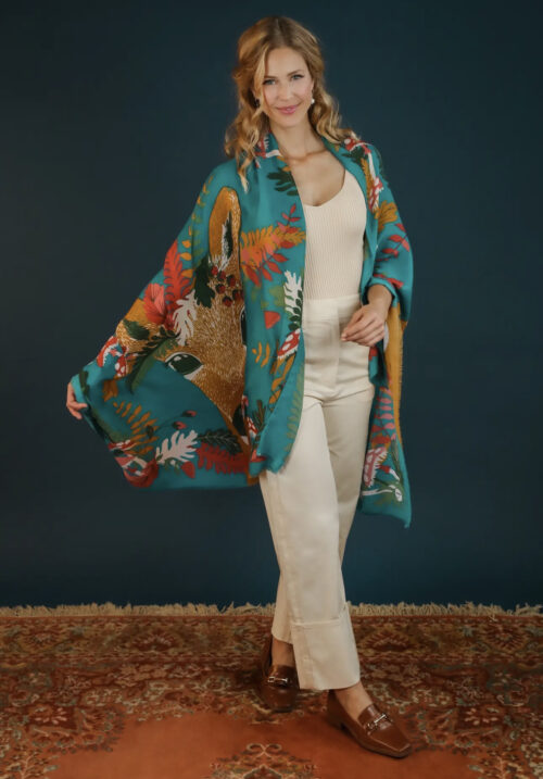 Foulard, bleu, turquoise, biche, feuillage, coloré
