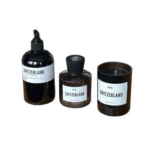 Savon pour les mains, diffuseur de parfum, bougie parfumée, verre noir soufflé, wijck, switzerland