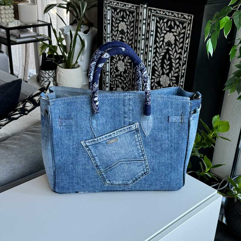 sac, jeans, luna sarah, bleu, forme birkin, bandanas