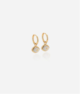 Boucles d'oreilles, pendantes, yeux, blanc, doré, zag