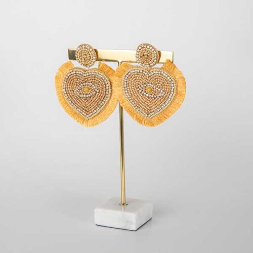 Boucles d'oreilles, coeur, love, perles, jaune,doré, franges