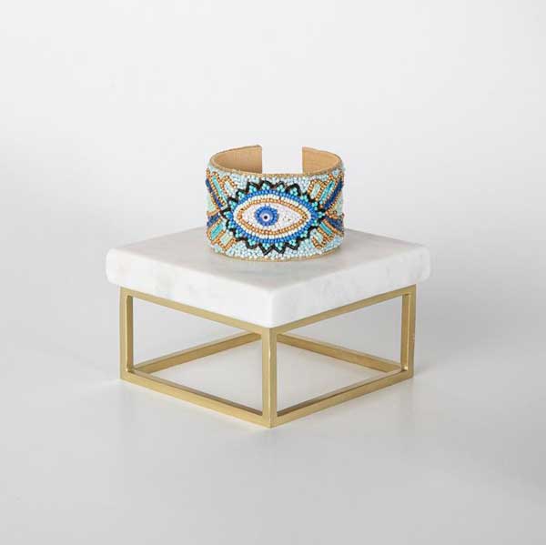 manchette, bracelet, oeil, dore, blanc, turquoise, bleu, perles