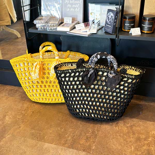 panier, panier en osier, macrame, bandana, noir, osier, jaune