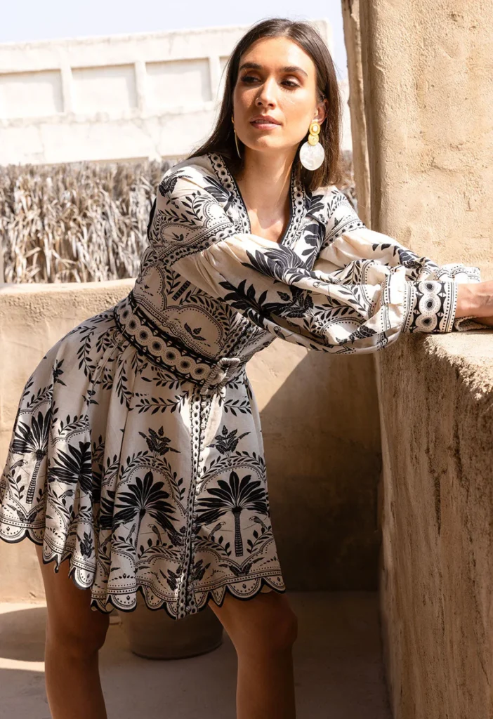 robe, palm springs, lin, viscose, creme, noir, scarlett poppies