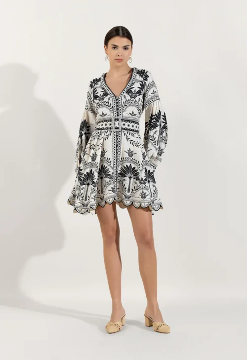 robe, palm springs, lin, viscose, creme, noir, scarlett poppies