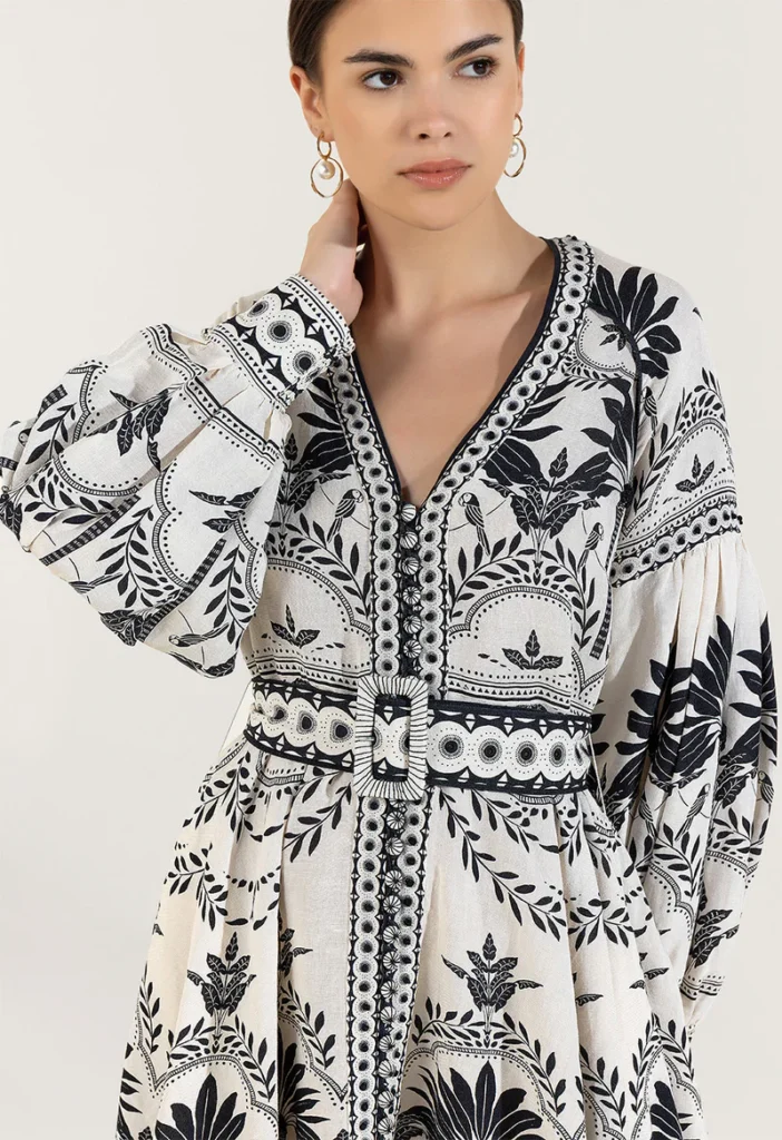 robe, palm springs, lin, viscose, creme, noir, scarlett poppies
