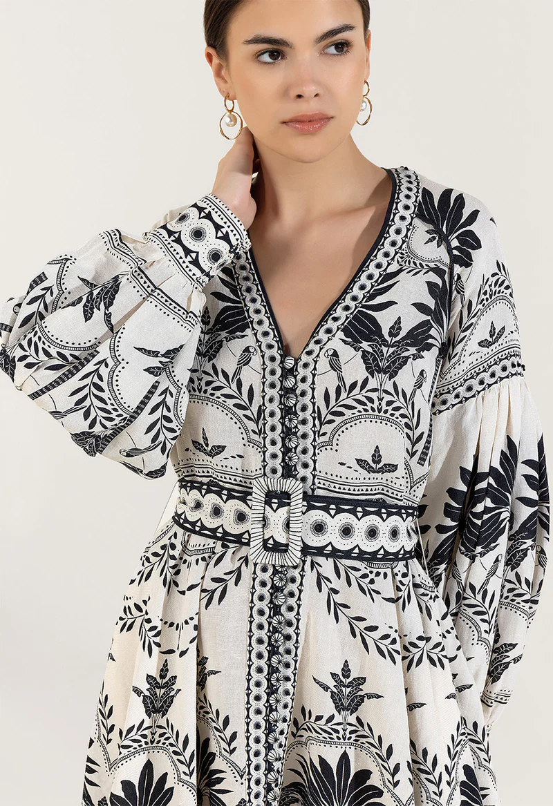 robe, palm springs, lin, viscose, creme, noir, scarlett poppies