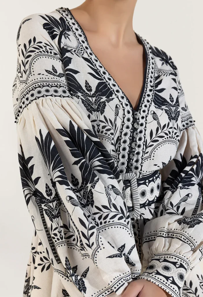 robe, palm springs, lin, viscose, creme, noir, scarlett poppies