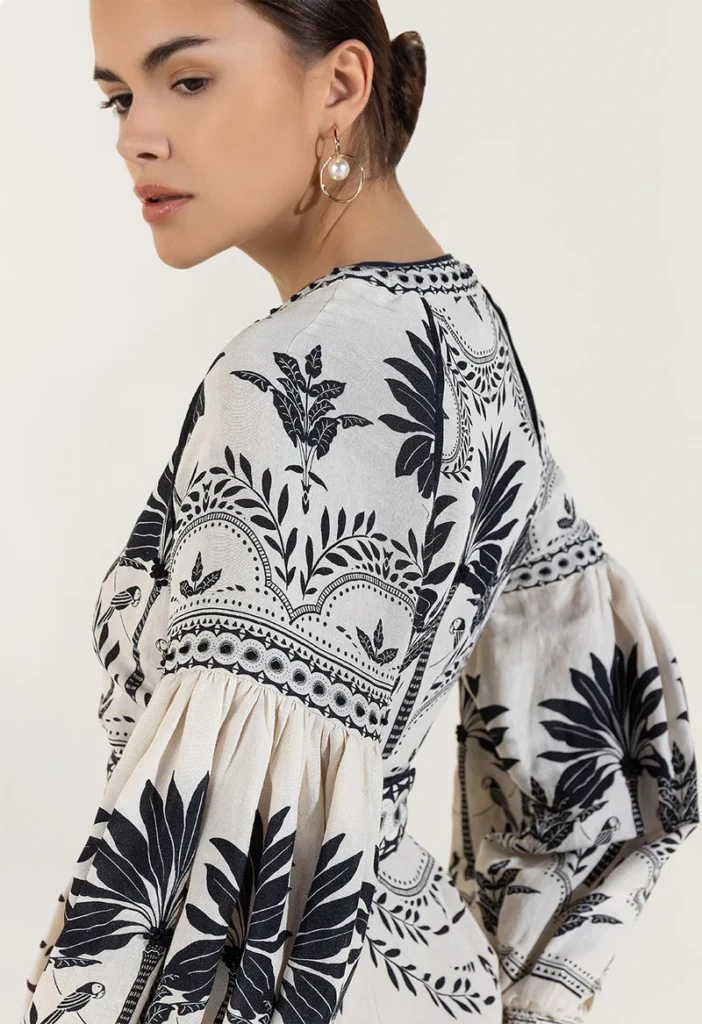 robe, palm springs, lin, viscose, creme, noir, scarlett poppies
