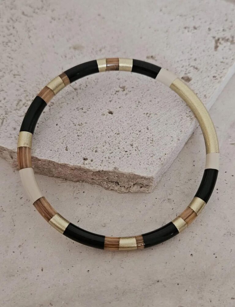 Bracelet, corne de buffle, laqué, noir, jonc, crème, doré