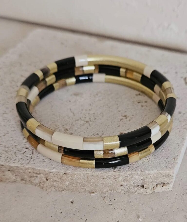 Bracelet, corne de buffle, laqué, noir, jonc, crème, doré