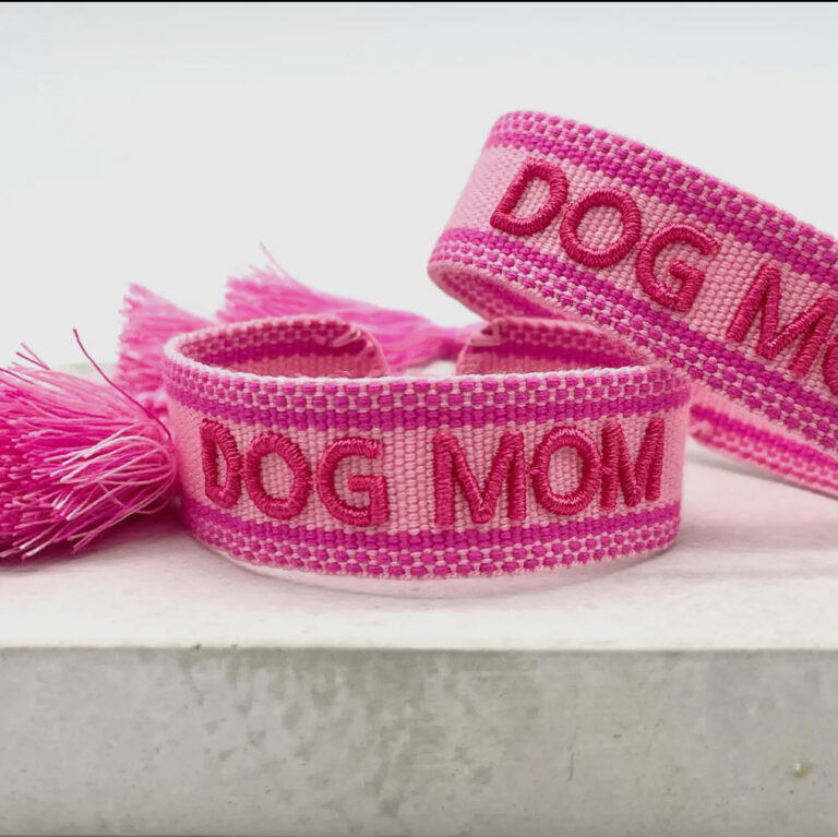 bracelet, mantra, dog mom, rose, fuchsia, ponpon