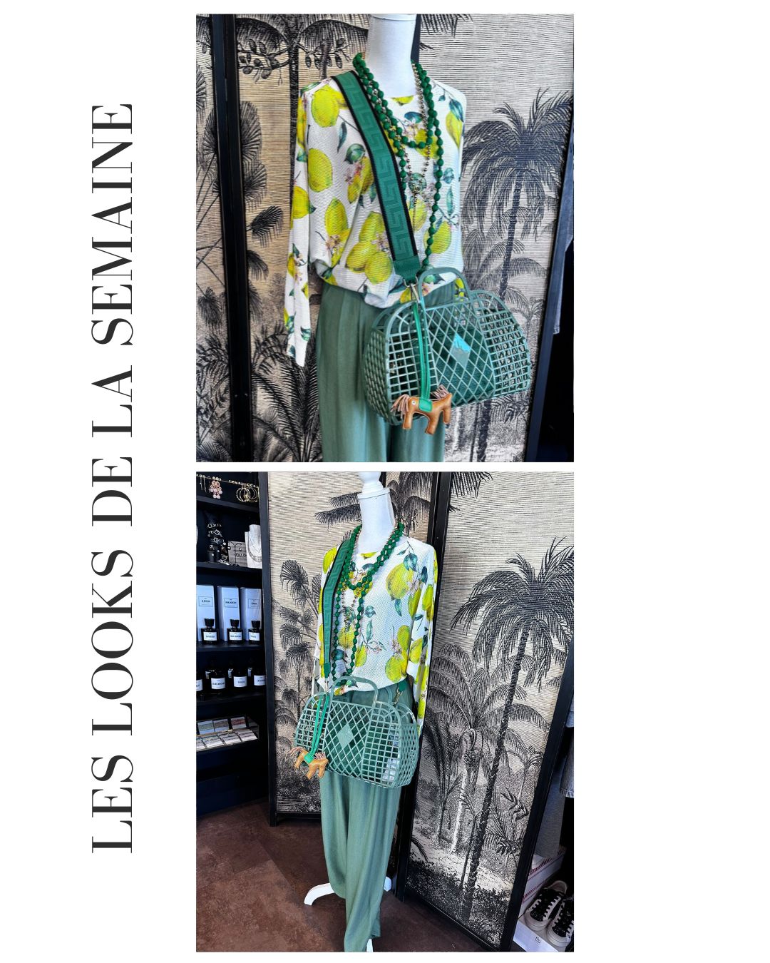 Look Positano en vert sauge et blouse citron, mannequin